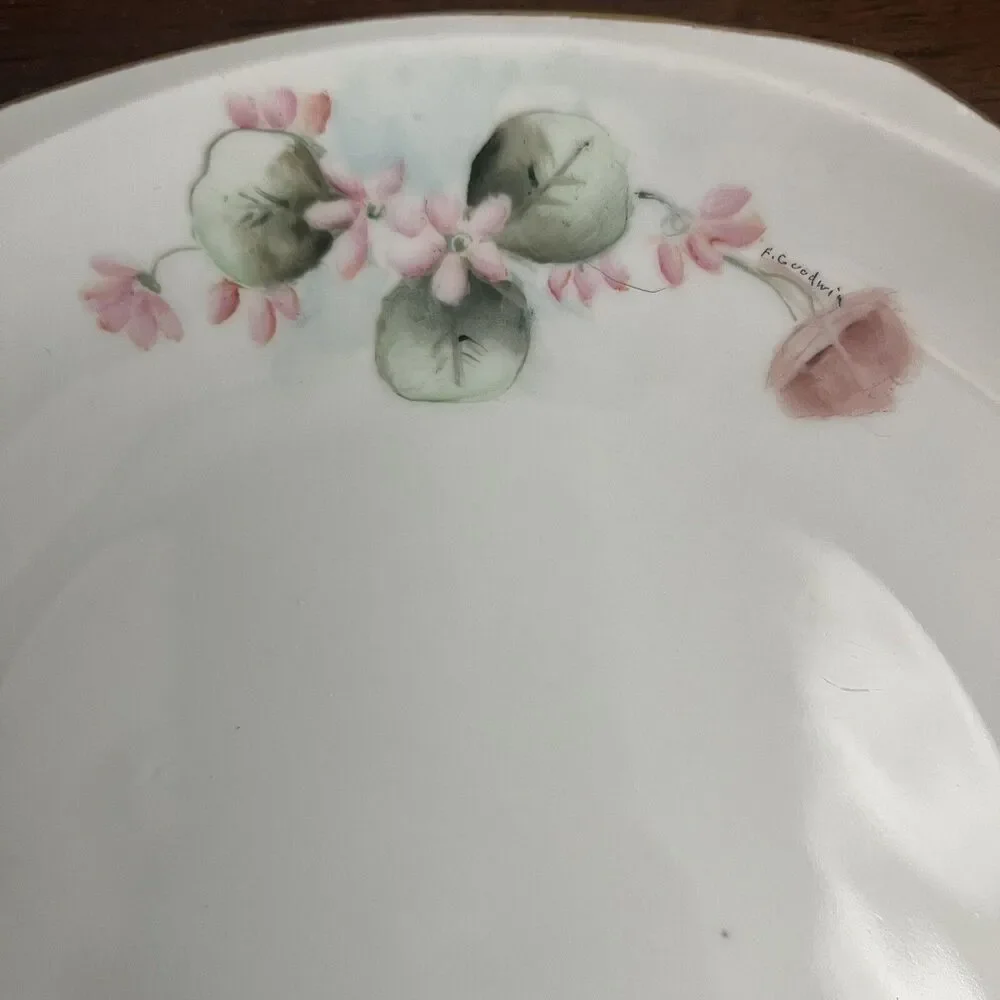 Vintage Hand Painted 2 Round Serving Platters w Handles 1 Bowl Pink Floral Sign
